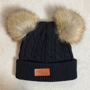 Black Cable Knit Hat with Faux Fur Pom Poms EUC